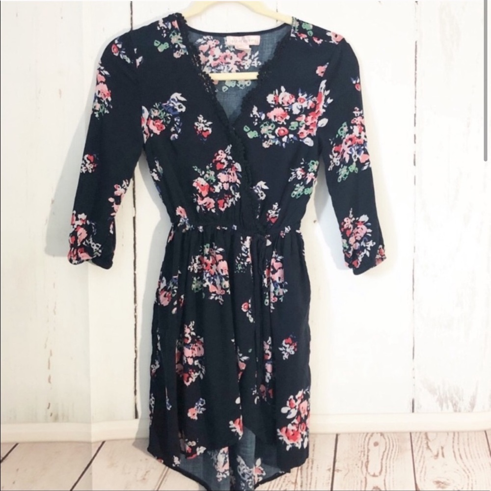 Navy Floral Faux Wrap Dress Scalloped V-Neck